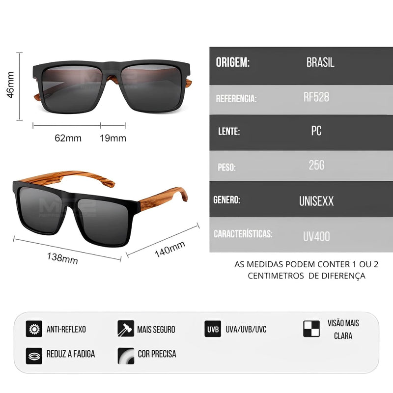 Óculos de Sol Unissex Quadrado Madeira Cores Apaixonantes Ref.:418