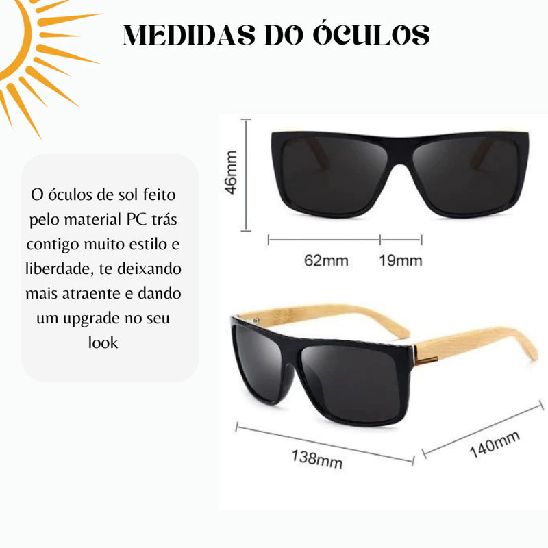 Óculos de Sol Unissex Madeira Bambu Premium Verão Proteção UV Ref.:422